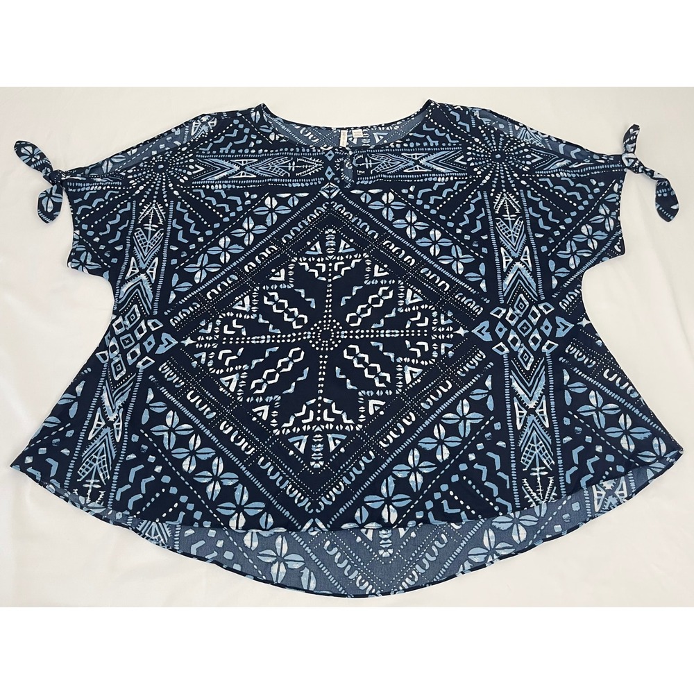 Cato Navy Blue White Geometric Tribal Print Tie Sleeve Blouse 18/20W